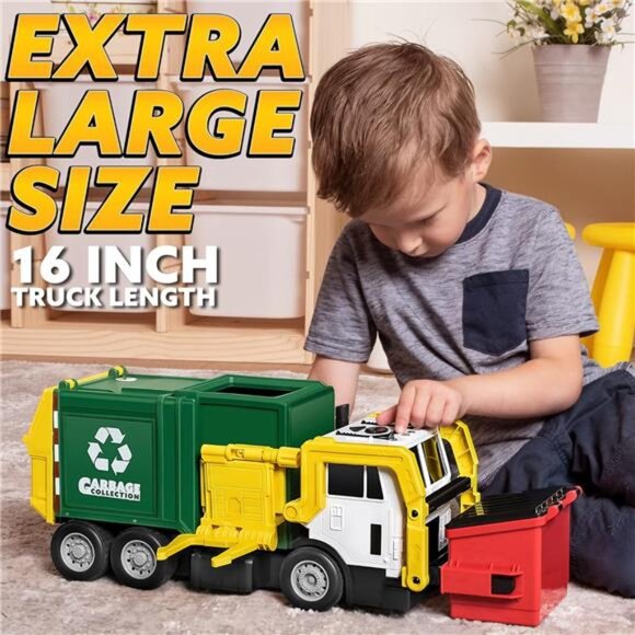 Large Friction Powered Garbage Truck Toy Set, Includes Dumpster, Trash Bins - Picture 2 of 7